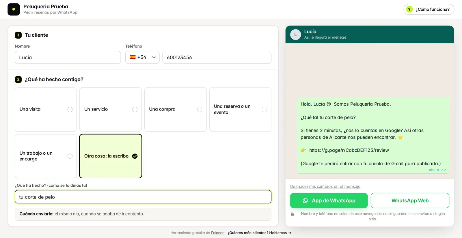 La herramienta de reseñas abierta en el ordenador, con un mensaje de ejemplo listo para WhatsApp